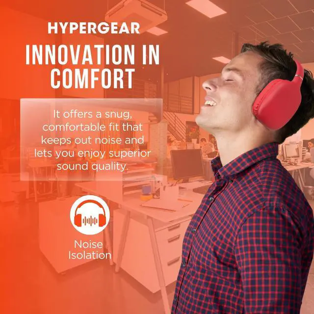 Alt view image 5 of 7 - Over-Ear Headphones - Wireless Bluetooth Headphones with Noise Isolation, Built-in Mic, Soft Memory Foam Cups for All-Day Comfort, Red