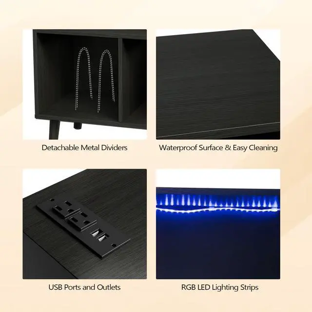 Alt view image 5 of 6 - Record Player Stand with Open Vinyl Storage, Mid-Century Album Storage Table with LED Light up to 300 Albums, Vinyl Record Player Shelf with Power Outlet for Living Room, Black