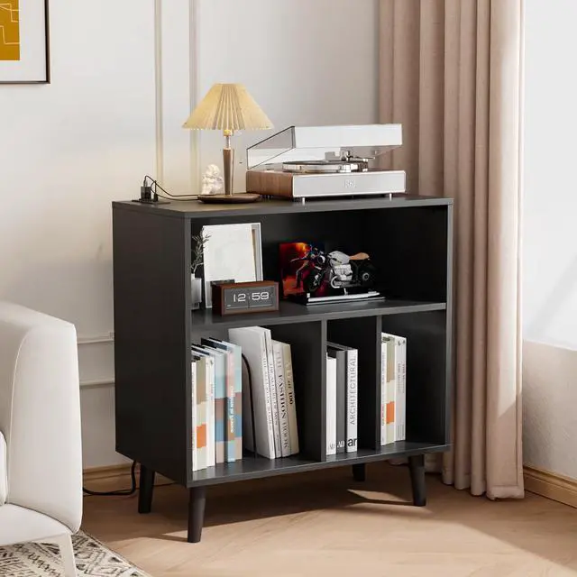 Alt view image 6 of 6 - Record Player Stand with Open Vinyl Storage, Mid-Century Album Storage Table with LED Light up to 300 Albums, Vinyl Record Player Shelf with Power Outlet for Living Room, Black