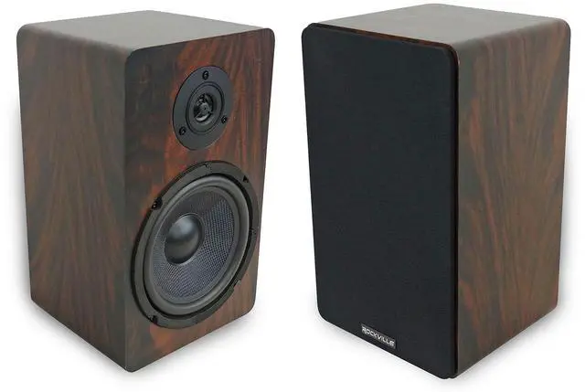 Main image of RockShelf 68C V2 Pair 6.5" Dark Wood Bookshelf Speaker, 8 Ohm | 400W Peak/100W RMS, Home Theater, Kevlar Woofers, Silk Dome Tweeters, 5-Way Binding Posts, Magnetic Grilles, Wall Mounts