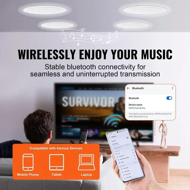 Alt view image 3 of 7 - 4 PCs 6.5'' Bluetooth Ceiling Speakers, 600W Flush Mount Ceiling & in-Wall Speaker System with 8 Impedance 89dB Sensitivity, for Home Kitchen Living Room Bedroom or Covered Outdoor Porches