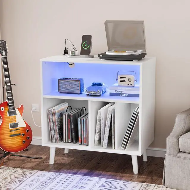 Main image of Record Player Stand with Open Vinyl Storage, Mid-Century Album Storage Table with LED Light up to 300 Albums, Vinyl Record Player Shelf with Power Outlet for Living Room, White