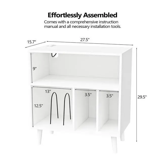 Alt view image 2 of 7 - Record Player Stand with Open Vinyl Storage, Mid-Century Album Storage Table with LED Light up to 300 Albums, Vinyl Record Player Shelf with Power Outlet for Living Room, White