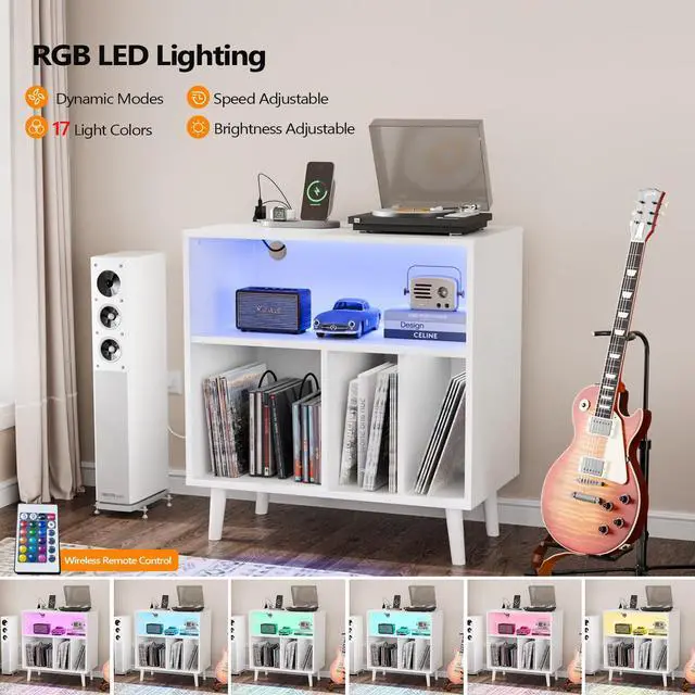 Alt view image 5 of 7 - Record Player Stand with Open Vinyl Storage, Mid-Century Album Storage Table with LED Light up to 300 Albums, Vinyl Record Player Shelf with Power Outlet for Living Room, White