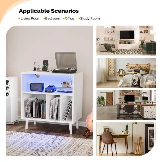 Alt view image 6 of 7 - Record Player Stand with Open Vinyl Storage, Mid-Century Album Storage Table with LED Light up to 300 Albums, Vinyl Record Player Shelf with Power Outlet for Living Room, White
