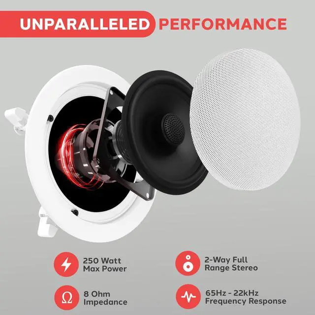 Alt view image 4 of 7 - 6.5 70v Ceiling Mount Speakers-Pair of 2-Way Midbass Woofer Speaker Transformer 1 Titanium Dome Tweeter Wall Flush Design w/ 65Hz-22kHz Frequency Response&250 Watts Peak- PDIC60T,White