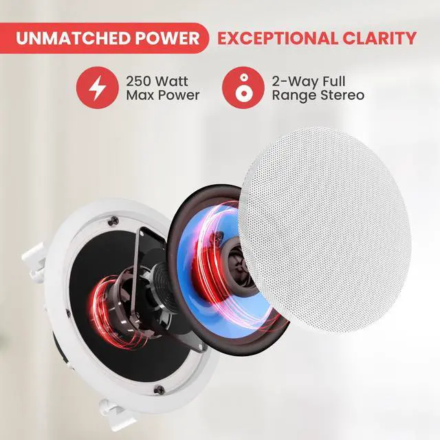 Alt view image 4 of 7 - 6.5 In-Wall / In-Ceiling Speakers, 250W Peak, Hi-Fi Stereo Sound, Pivoting Adjustable Coaxial Silk Dome Tweeter, Poly Cone Woofer, Stain Resistant Grill, For Home Theater, Custom Installs- Pair