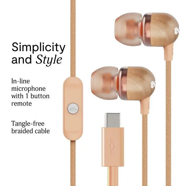 Alt view image 2 of 7 - House of Smile Jamaica USB-C Wired Earbuds with Microphone, in-Ear Headphones, 9.2mm Driver, Tangle-Resistant Cable, Plug-and-Play Earphones for Smartphones, Tablets & Laptops (Copper)