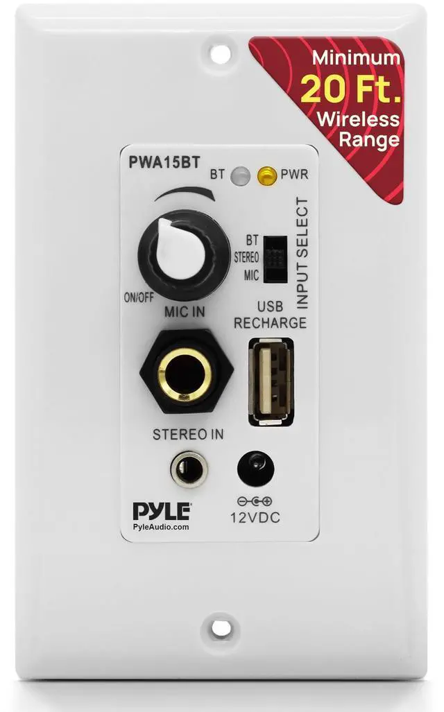 Main image of Wireless BT Receiver Wall Mount - 100W In-Wall Audio Control Receiver w/ Built-in Amplifier, USB/Microphone/Aux (3.5mm) Inputs, Speaker Terminal Block, Connect 2 Speakers, White - PWA15BT