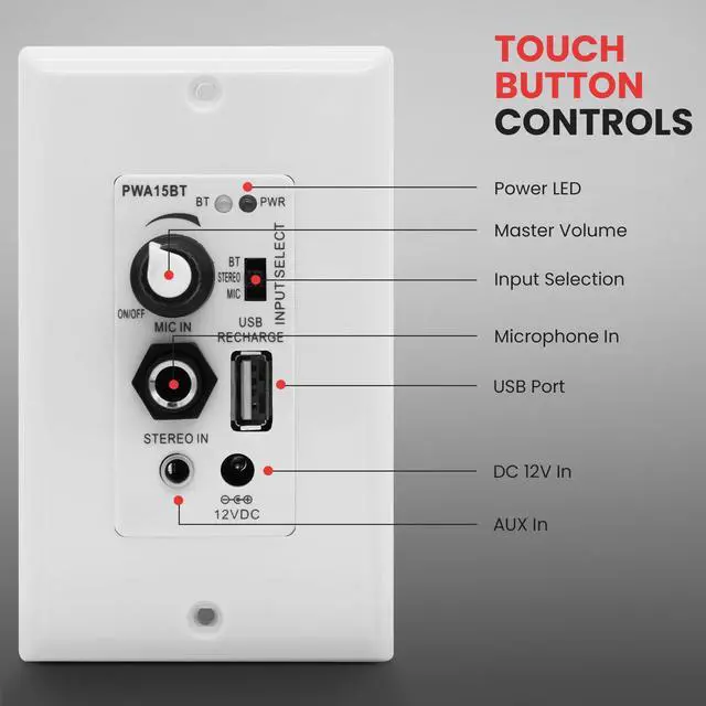 Alt view image 4 of 6 - Wireless BT Receiver Wall Mount - 100W In-Wall Audio Control Receiver w/ Built-in Amplifier, USB/Microphone/Aux (3.5mm) Inputs, Speaker Terminal Block, Connect 2 Speakers, White - PWA15BT