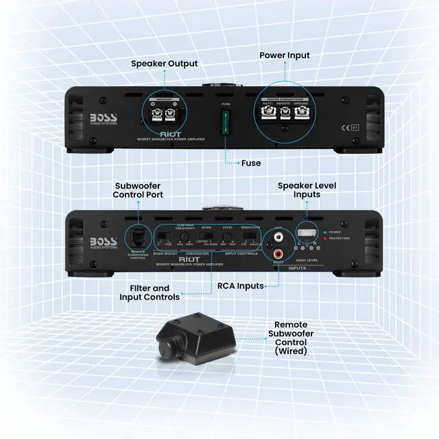 Alt view image 4 of 6 - R1100M-S Monoblock Car Amplifier - 1100 High Output, 2-8 Ohm Stable, Low/High Level Inputs, Low Pass Crossover, MOSFET Power Supply