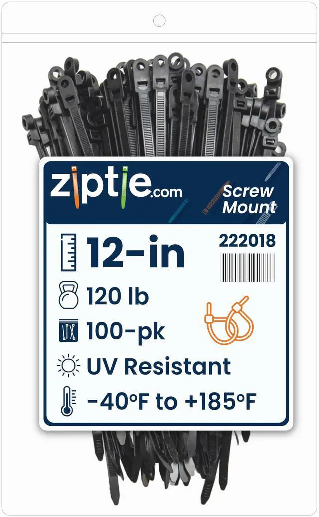 Main image of 12-Inch Black Zip Ties With Screw Hole - 120-lb Tensile Strength Cord Management & Secure Mounting - UL 21 Listed Tie Wraps - Indoor & Outdoor Multi-Purpose (100-Pack)
