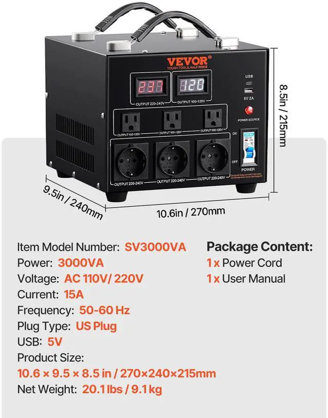 Alt view image 7 of 7 - Voltage Converter Transformer, 3000W, Heavy Duty Step Up/Down Transformer, Convert from 110 Volt to 220 Volt and from 220 Volt to 110 Volt, with US Outlet EU Outlet 5V USB Port, CE Certified