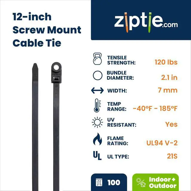 Alt view image 2 of 7 - 12-Inch Black Zip Ties With Screw Hole - 120-lb Tensile Strength Cord Management & Secure Mounting - UL 21 Listed Tie Wraps - Indoor & Outdoor Multi-Purpose (100-Pack)