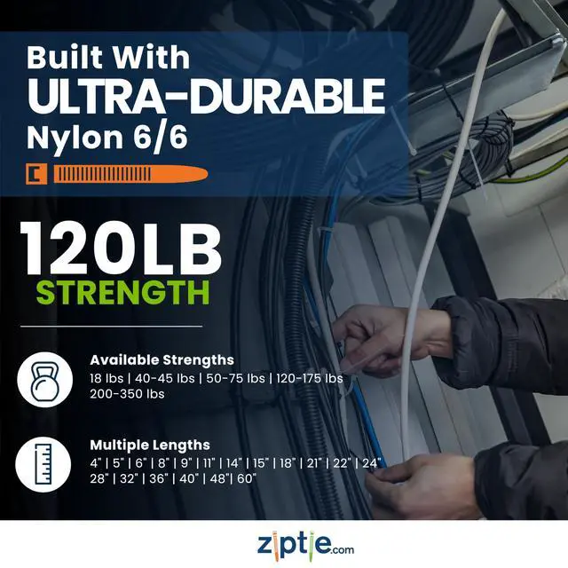 Alt view image 3 of 7 - 8-inch UV Resistant Black Multi-Purpose Zip Tie, 120-lb Tensile Strength, UL 21S Listed, 100-Pack