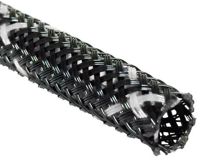 Main image of 1" PET High Flame Retardant Expandable Braided Flexible Cable Sleeve - Black w/White Tracer - 50 Feet