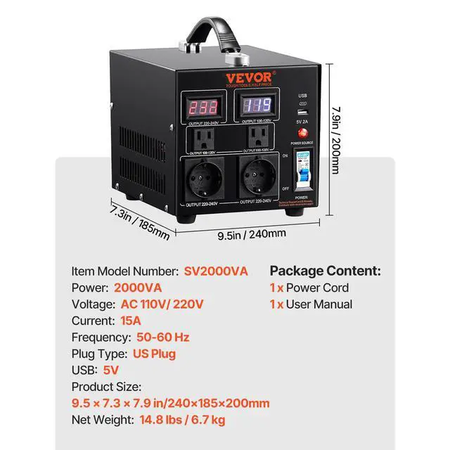 Alt view image 7 of 7 - Voltage Converter Transformer, 2000W, Heavy Duty Step Up/Down Transformer, Convert from 110 Volt to 220 Volt and from 220 Volt to 110 Volt, with US Outlet EU Outlet 5V USB Port, CE Certified