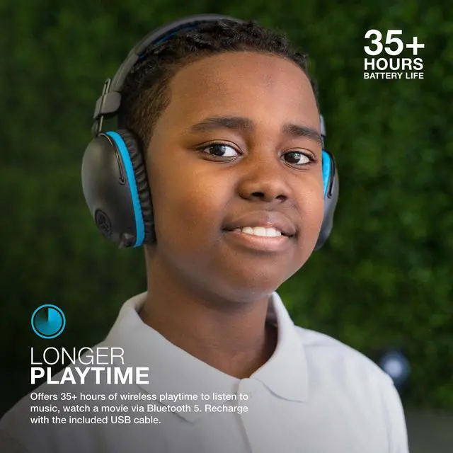 Alt view image 2 of 6 - JBuddies Pro Wireless Over-Ear Kids Headphones, 35+ Hour Battery Life, Built-in Volume Regulators for Safety, Share Mode, Folding, Adjustable, Noise Isolation, with Mic, Blue