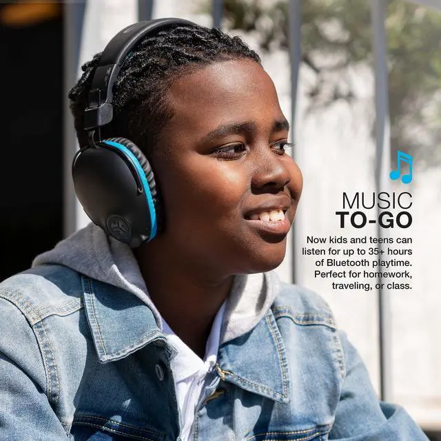 Alt view image 5 of 6 - JBuddies Pro Wireless Over-Ear Kids Headphones, 35+ Hour Battery Life, Built-in Volume Regulators for Safety, Share Mode, Folding, Adjustable, Noise Isolation, with Mic, Blue