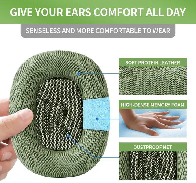 Alt view image 3 of 7 - Ear Cushions for Apple AirPods Max Headphones Replacement Leather Earpads Sweat Proof Ear Cups Cushion Easy to Install with Magnet, Protein Leather and Memory Foam(Green)