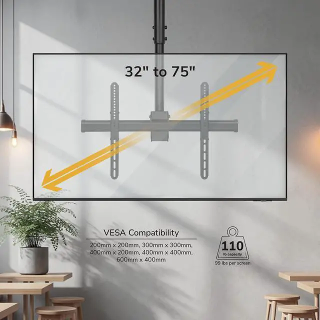 Alt view image 2 of 7 - TV Ceiling Mount, 32-75", 110 lbs, MI-509B | Full motion 360 rotation, height adjustable 22-36", VESA 200x200-600x400, vaulted ceilings