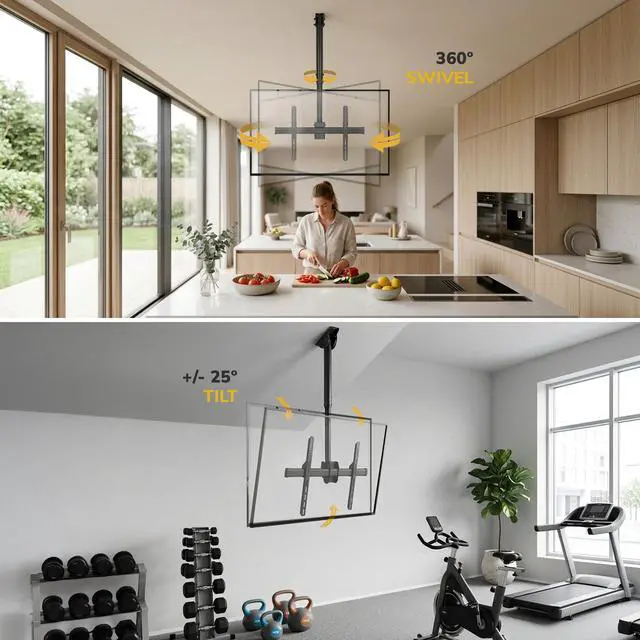 Alt view image 3 of 7 - TV Ceiling Mount, 32-75", 110 lbs, MI-509B | Full motion 360 rotation, height adjustable 22-36", VESA 200x200-600x400, vaulted ceilings