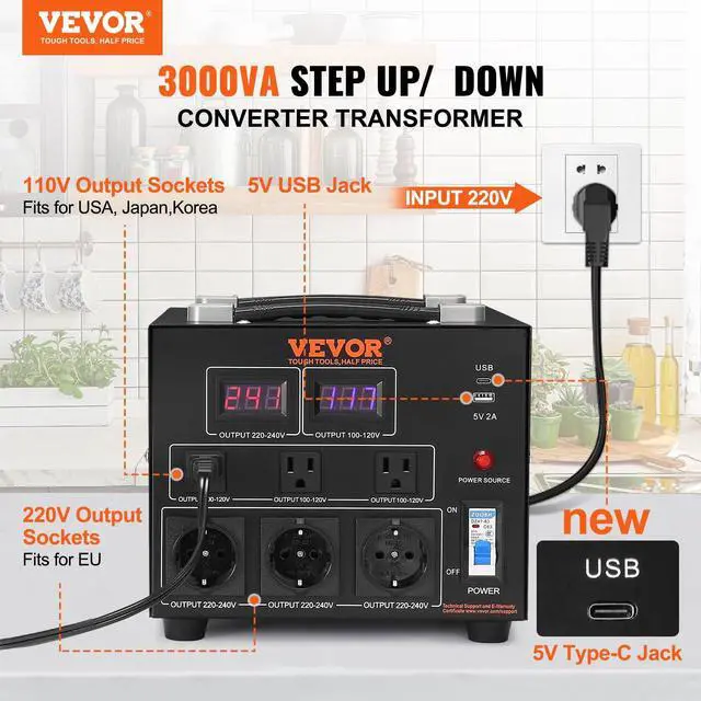 Alt view image 2 of 7 - Voltage Converter Transformer, 3000W, Heavy Duty Step Up/Down Transformer, Convert from 110 Volt to 220 Volt and from 220 Volt to 110 Volt, with US Outlet EU Outlet 5V USB Port, CE Certified