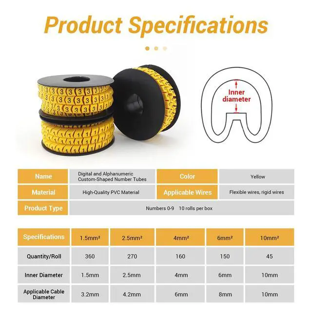 Alt view image 4 of 7 - 10Pcs Cable Identification Wire 6m² | PVC Oil Proof Clear Markings 0-9 Concave Number Tube for Electronic Computers