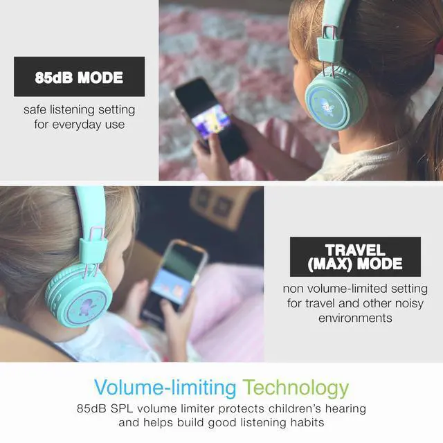 Alt view image 4 of 7 - KidJamz KJ55BT Personalized Bluetooth Wireless Safe Listening Headphones for Kids w/Custom LED-Backlit Design, Volume Limiter, Microphone; Kids Headset for School/iPhone/iPad/Tablet (Mint)
