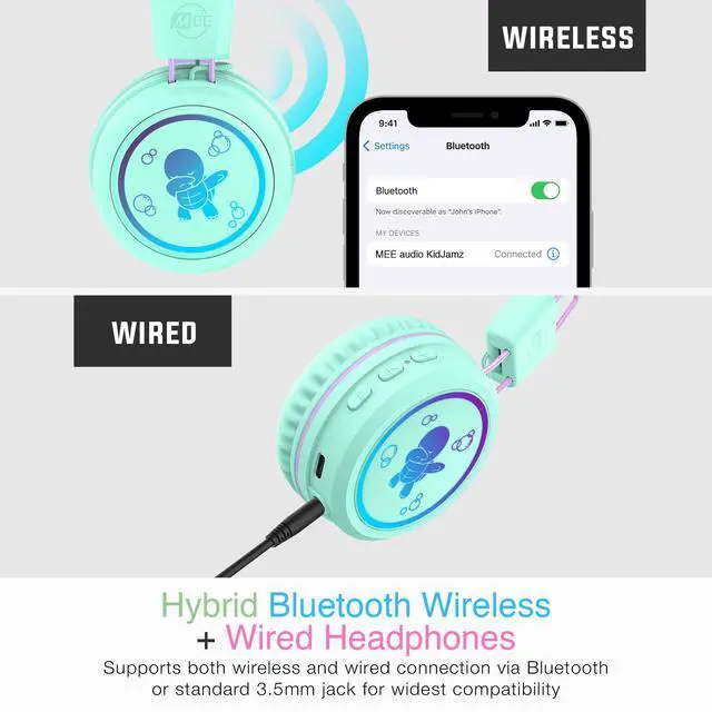 Alt view image 6 of 7 - KidJamz KJ55BT Personalized Bluetooth Wireless Safe Listening Headphones for Kids w/Custom LED-Backlit Design, Volume Limiter, Microphone; Kids Headset for School/iPhone/iPad/Tablet (Mint)