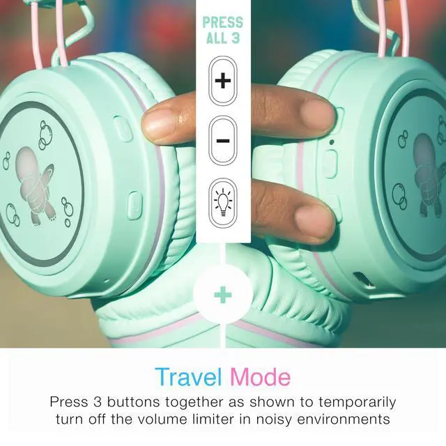 Alt view image 5 of 7 - KidJamz KJ55BT Personalized Bluetooth Wireless Safe Listening Headphones for Kids w/Custom LED-Backlit Design, Volume Limiter, Microphone; Kids Headset for School/iPhone/iPad/Tablet (Mint)