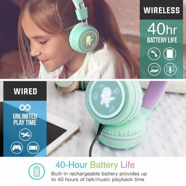 Alt view image 7 of 7 - KidJamz KJ55BT Personalized Bluetooth Wireless Safe Listening Headphones for Kids w/Custom LED-Backlit Design, Volume Limiter, Microphone; Kids Headset for School/iPhone/iPad/Tablet (Mint)
