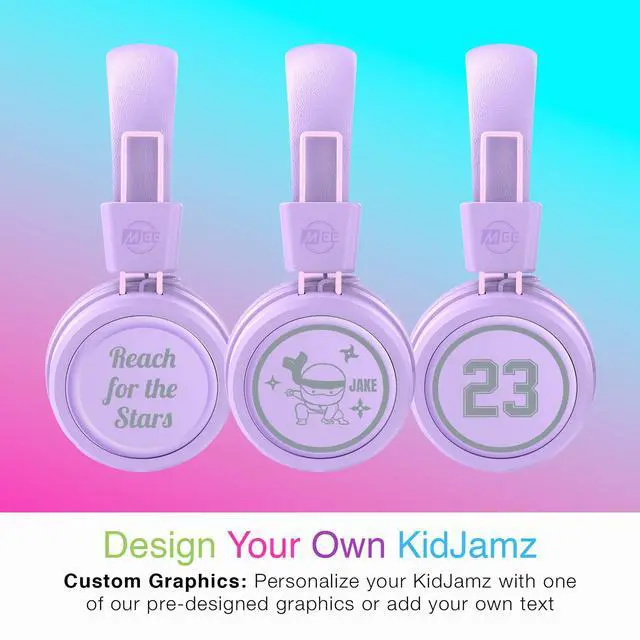Alt view image 2 of 7 - KidJamz KJ55BT Personalized Bluetooth Wireless Safe Listening Headphones for Kids w/Custom LED-Backlit Design, Volume Limiter, Mic; Kids Headset for School/iPhone/iPad/Tablet (Lavender)