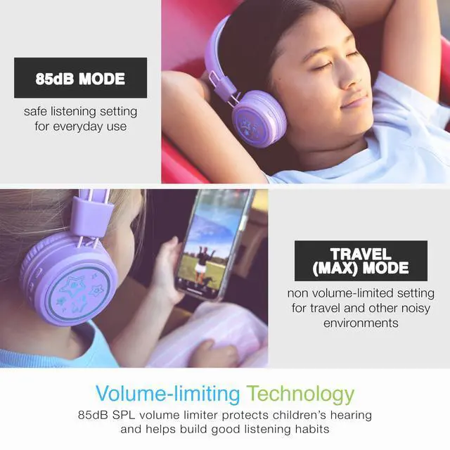 Alt view image 4 of 7 - KidJamz KJ55BT Personalized Bluetooth Wireless Safe Listening Headphones for Kids w/Custom LED-Backlit Design, Volume Limiter, Mic; Kids Headset for School/iPhone/iPad/Tablet (Lavender)