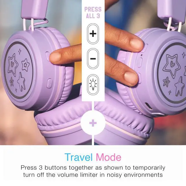 Alt view image 5 of 7 - KidJamz KJ55BT Personalized Bluetooth Wireless Safe Listening Headphones for Kids w/Custom LED-Backlit Design, Volume Limiter, Mic; Kids Headset for School/iPhone/iPad/Tablet (Lavender)