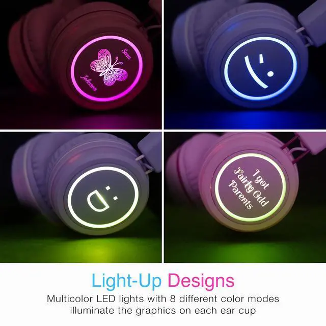Alt view image 3 of 7 - KidJamz KJ55BT Personalized Bluetooth Wireless Safe Listening Headphones for Kids w/Custom LED-Backlit Design, Volume Limiter, Mic; Kids Headset for School/iPhone/iPad/Tablet (Lavender)