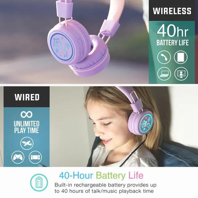 Alt view image 7 of 7 - KidJamz KJ55BT Personalized Bluetooth Wireless Safe Listening Headphones for Kids w/Custom LED-Backlit Design, Volume Limiter, Mic; Kids Headset for School/iPhone/iPad/Tablet (Lavender)