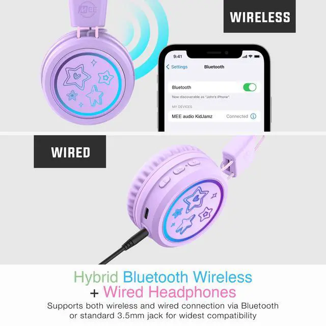 Alt view image 6 of 7 - KidJamz KJ55BT Personalized Bluetooth Wireless Safe Listening Headphones for Kids w/Custom LED-Backlit Design, Volume Limiter, Mic; Kids Headset for School/iPhone/iPad/Tablet (Lavender)