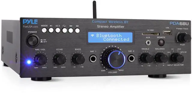 Main image of Wireless Bluetooth Power Amplifier System - 200W Dual Channel Sound Audio Stereo Receiver w/ USB, SD, AUX, MIC IN w/ Echo, Radio, LCD - For Home Theater Entertainment via RCA, Studio Use - PDA6BU