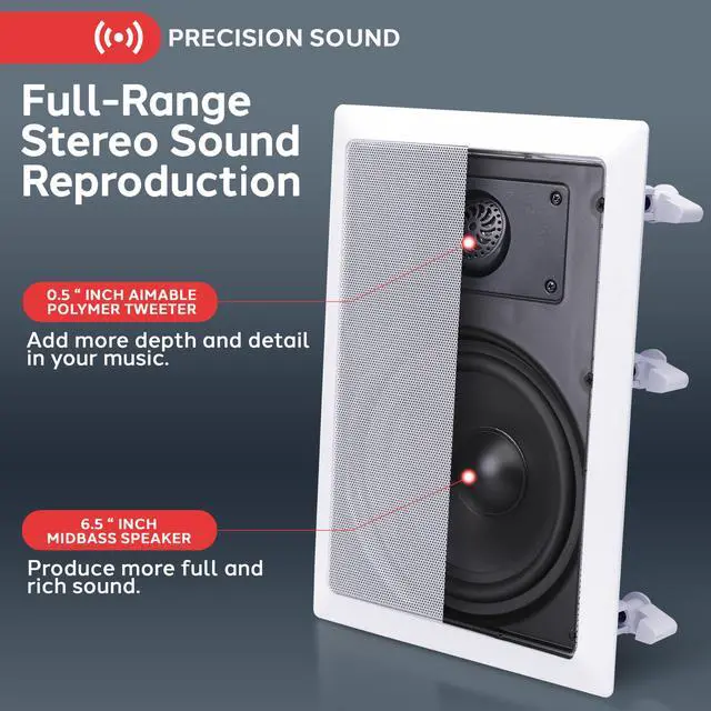 Alt view image 2 of 7 - Two Way Stereo Sound Speaker - Dual Professional Audio Speakers System - In Wall / In Ceiling White Mount Flush, 6.5" Midbass, 1/2 Inch Polymer Tweeter - Indoor Home Theater - PDIW65 (Pair)