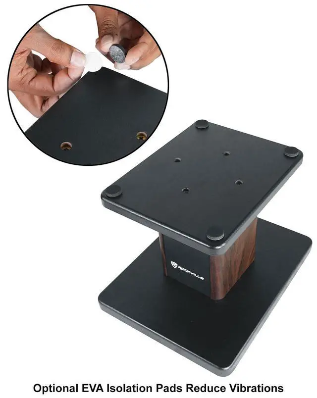 Alt view image 3 of 7 - RHT8D Pair 8" Dark Wood Desktop Speaker/Studio Monitor Stands | 66 lb Load Capacity, EVA Isolation Pads, Medium-Density Fiber Core, Cable Clips and Ties, 9.25" x 7.28" Top Platform