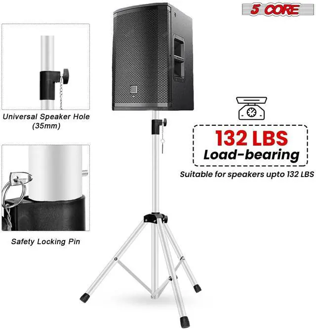 Alt view image 3 of 7 - Speaker Stands Pair Adjustable 54 Inch Tripod Set Heavy Duty 132 lbs Capacity 35mm Pole Mount Metal Build DJ PA Stand for On Stage Studio Home Audio Uses White