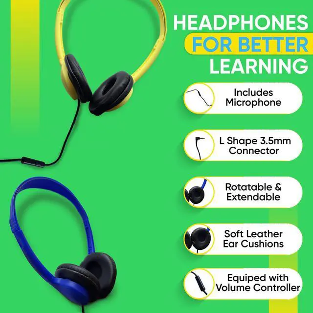 Alt view image 2 of 6 - 40 Pack Bulk Wired On-Ear Leather Headphones with Microphone and 3.5mm Connector, Multi