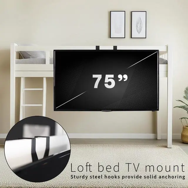 Alt view image 2 of 7 - TV Hanger Bracket for 42 to 75 inch Flat and Curved Screens, Light Weight Steel Design, Height Adjustable Cross Bar, Loft Bed, Thin Door TV Mount, Max VESA 400x400, Black, MOUNT-TV02LB
