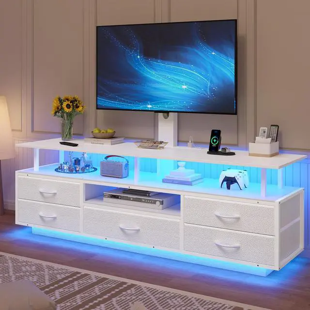 Main image of LED TV Stand with Mount for Living Room, 55, 60, 70 TV, 6 Drawers | White 51.2" TV Stand with storage, Power Outlets, Entertainment Center with TV Mount, Media Console, Living Room, Bedroom