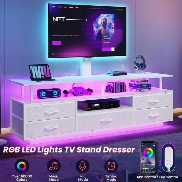 Alt view image 2 of 7 - LED TV Stand with Mount for Living Room, 55, 60, 70 TV, 6 Drawers | White 51.2" TV Stand with storage, Power Outlets, Entertainment Center with TV Mount, Media Console, Living Room, Bedroom