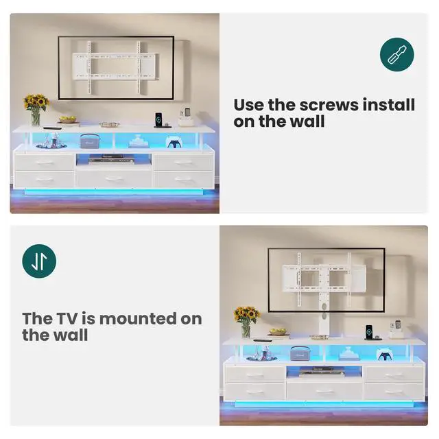 Alt view image 6 of 7 - LED TV Stand with Mount for Living Room, 55, 60, 70 TV, 6 Drawers | White 51.2" TV Stand with storage, Power Outlets, Entertainment Center with TV Mount, Media Console, Living Room, Bedroom