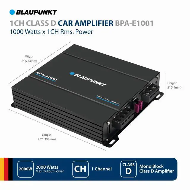 Alt view image 2 of 5 - BPA-E1001 Class D Monoblock Car Amplifier - 2000W Max Power, 1000W RMS at 1 Ohm - Compact Design