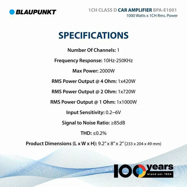 Alt view image 3 of 5 - BPA-E1001 Class D Monoblock Car Amplifier - 2000W Max Power, 1000W RMS at 1 Ohm - Compact Design