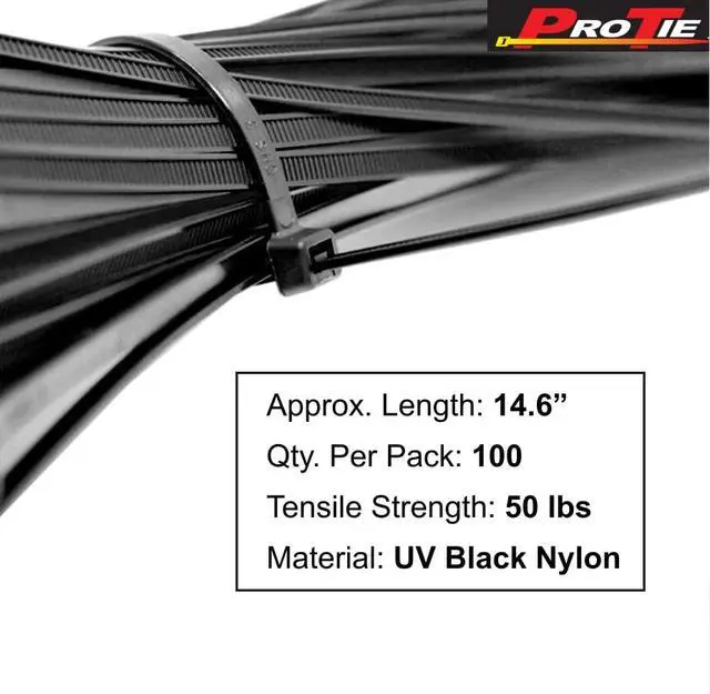 Alt view image 2 of 6 - Pro Tie Standard Duty, Self-Locking UV Nylon Cable Wire Ties for Indoor and Outdoor Use | 14.6-Inch, 50 lbs. Tensile Strength, UV Black Nylon, 100-Pack (PN: B14SD100)